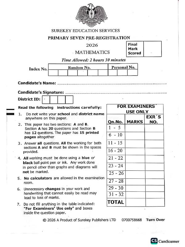 P.7 Mathematics Pre-Registration Examination 2026