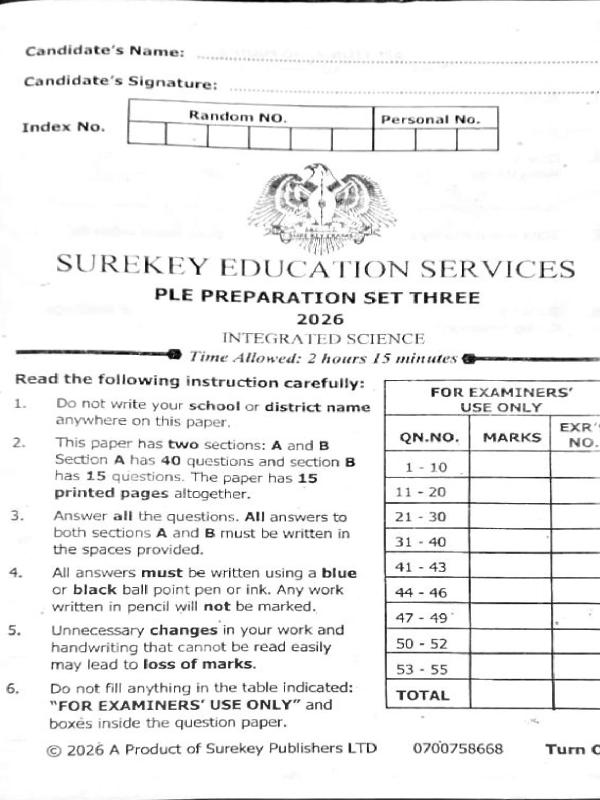 P.7 Science Pre PLE set three 2026 Sure key examination board