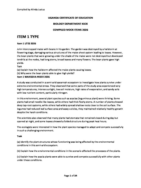 UNEB UCE Biology Mock Exam Papers Compilation 2026