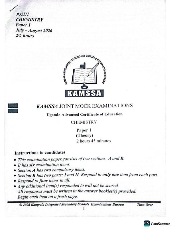 KAMSSA Joint Mock Examinations UACE Chemistry Paper 1 (Theory)
