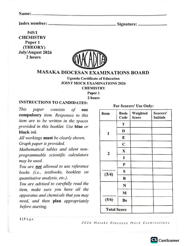 Masaka Diocesan Examinations Board UCE Joint Mock 2026 Chemistry Paper 1
