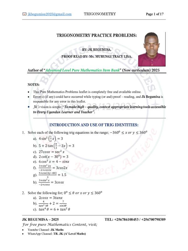 A-Level Mathematics Trigonometry Practice Problems | UNEB S5 & S6