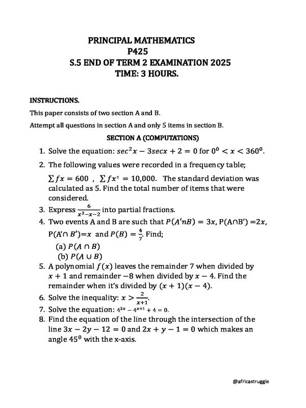 Senior 5 Mathematics past paper