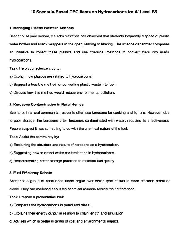 S5 Chemistry Hydrocarbons Scenario Questions and Lesson Notes