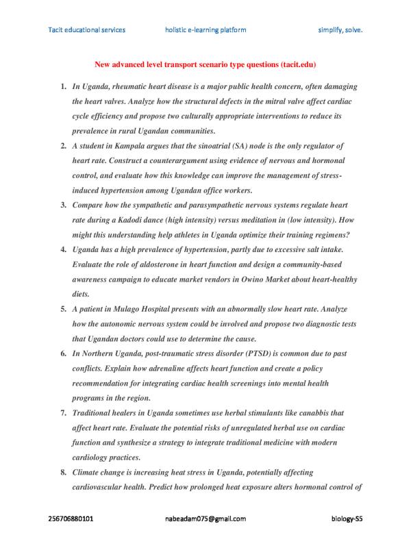 UACE Biology Scenario Questions on Transport