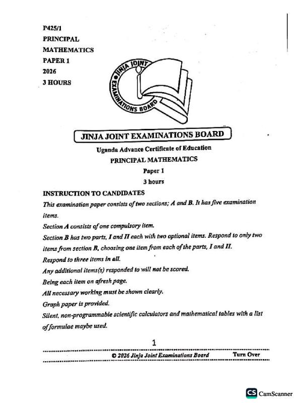 UACE Principal Mathematics Mock Examination 2026 - Jinja Joint Examination Board (JJEB)