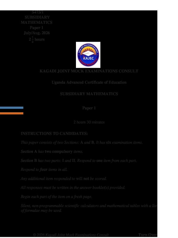 Subsidiary Mathematics Mock Examination 2026 - Kagadi Joint Examination Consults