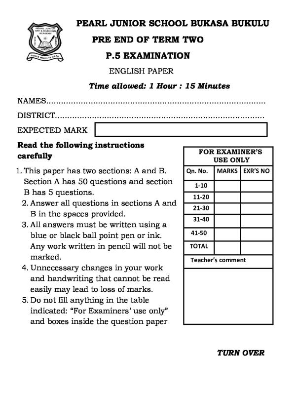 P.5 English Pre-End of Term Two Examination Paper 2025