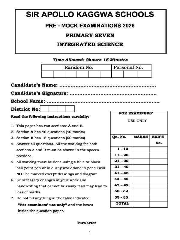 P.7 Science Pre-Mock Examination 2026 - Sir Apollo Kaggwa Schools