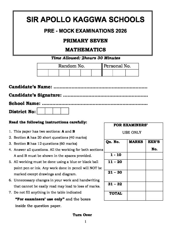 P.7 Mathematics Pre-Mock Examination 2026 - Sir Apollo Kaggwa Schools