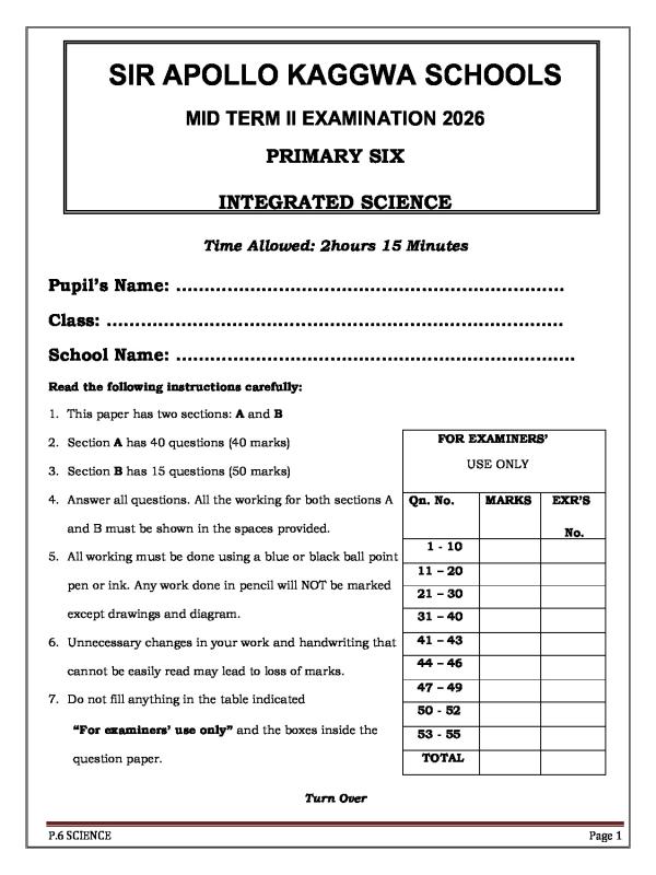 P.6 Science Mid Term II Examination 2026  Sir Apollo Kaggwa Schools