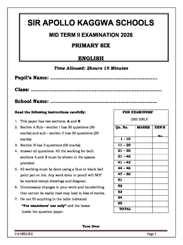 P.6 English Mid-Term II Examination 2026 - Sir Apollo Kaggwa Schools