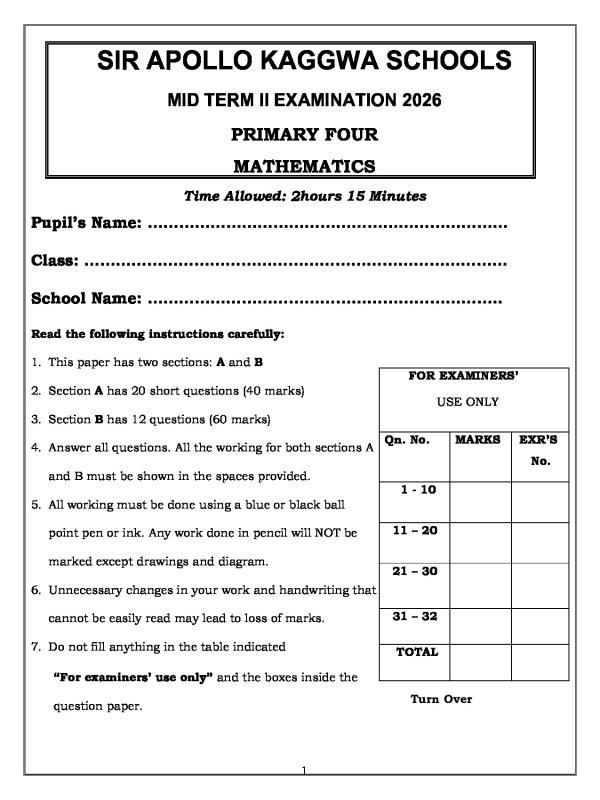 P.4 Mathematics Mid Term II Examination 2026  Sir Apollo Kaggwa Schools