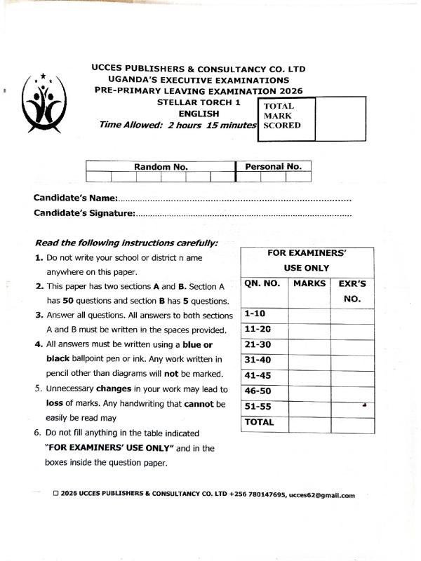 P.7 English Pre PLE 2026 UCCES Examination Consultancy  Set 1