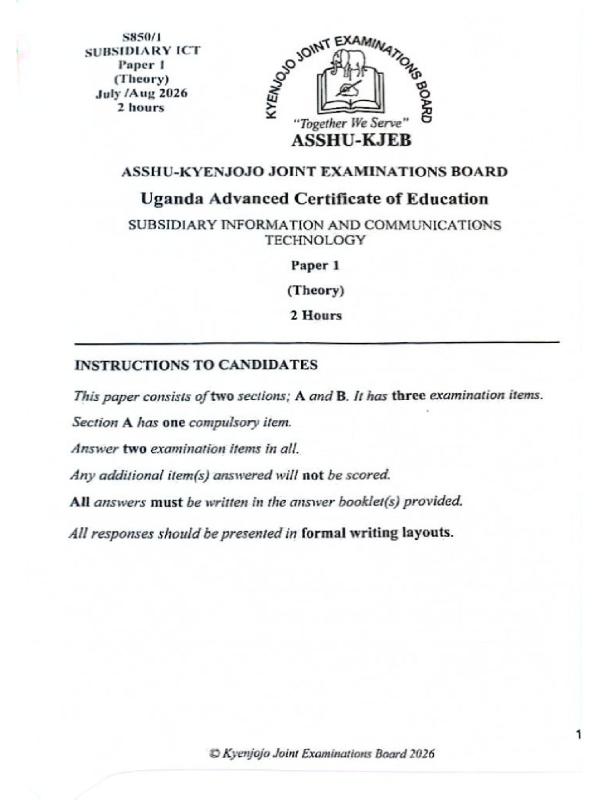 UACE Subsidiary Information and Computer Technology (ICT) ASSHU Kyenjojo Mock Paper 2026