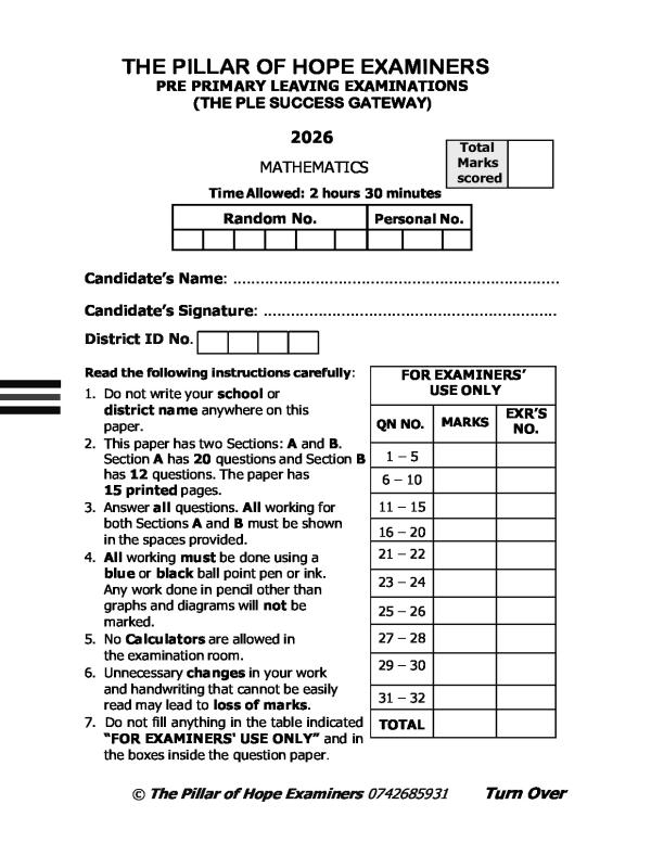 P.7 Mathematics Pre-PLE Examination Set 1