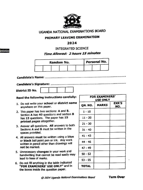 P.7 Science PLE 2024 Past Paper