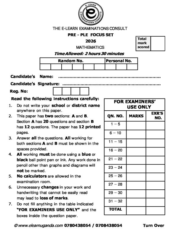 P.7 Mathematics Pre PLE Focus Set E Learn Examination Consult 2026