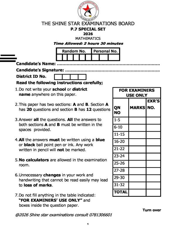 P.7 Mathematics Pre PLE Special Set E Learn Examination Consult 2026