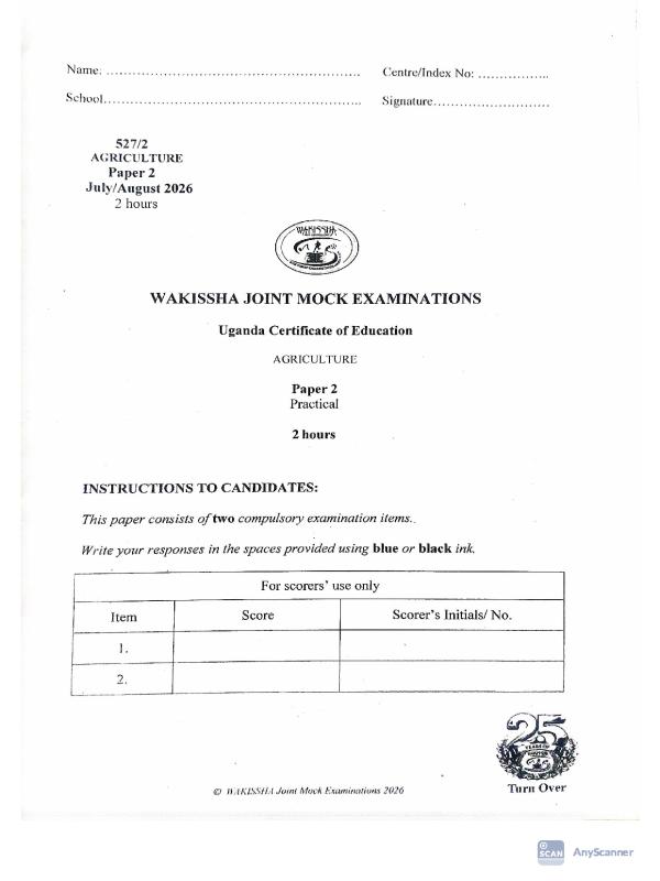 UCE Wakisha Joint Mock Agriculture Paper 2