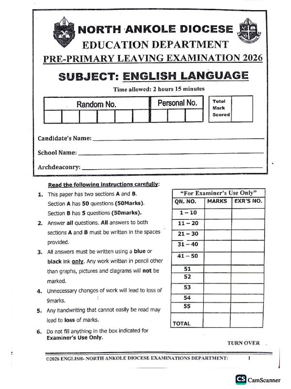 P.7 English Pre PLE Examination 2026  North Ankole Diocese