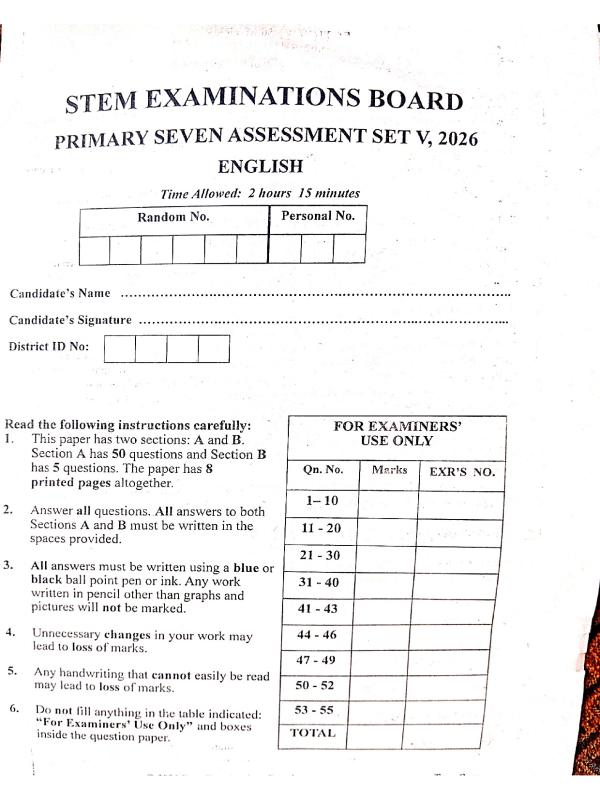 Primary Seven (P.7) English assessment set 5 term II 2026 Stem examination board