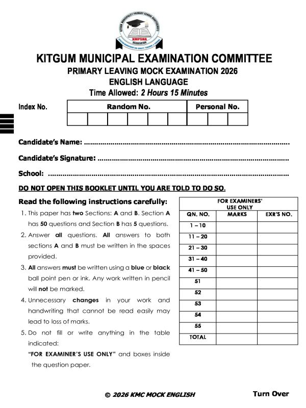 P.7 English Mock Examination 2026 Kitgum Examination Committee