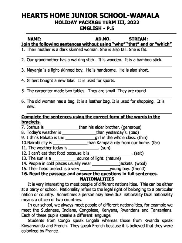 P.5 English Term III Holiday Package   Hearts Home Junior School Wamala