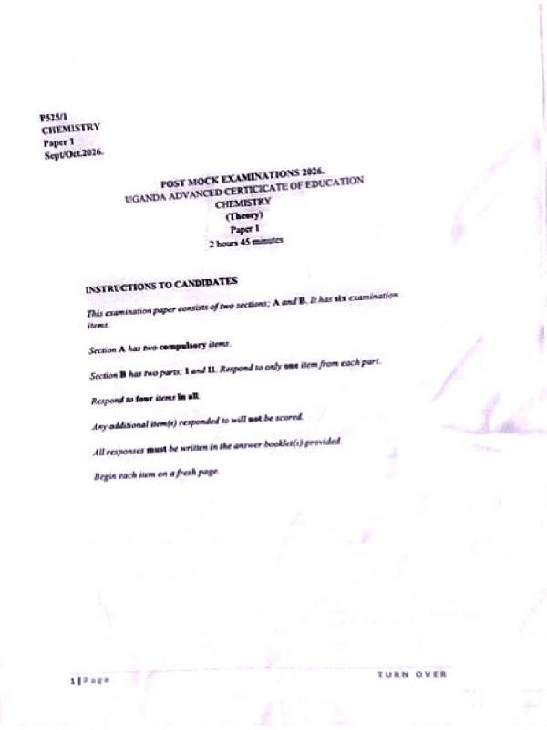 UACE Chemistry Post-Mock Examination Paper - Uganda Curriculum