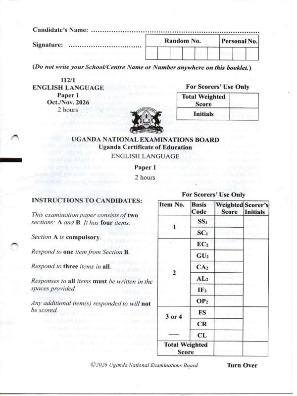 UCE English (UNEB) Past Paper 2026