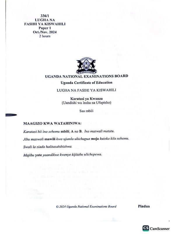 UCE Kiswahili Paper 1 Past Paper - Uganda National Examinations Board (UNEB)