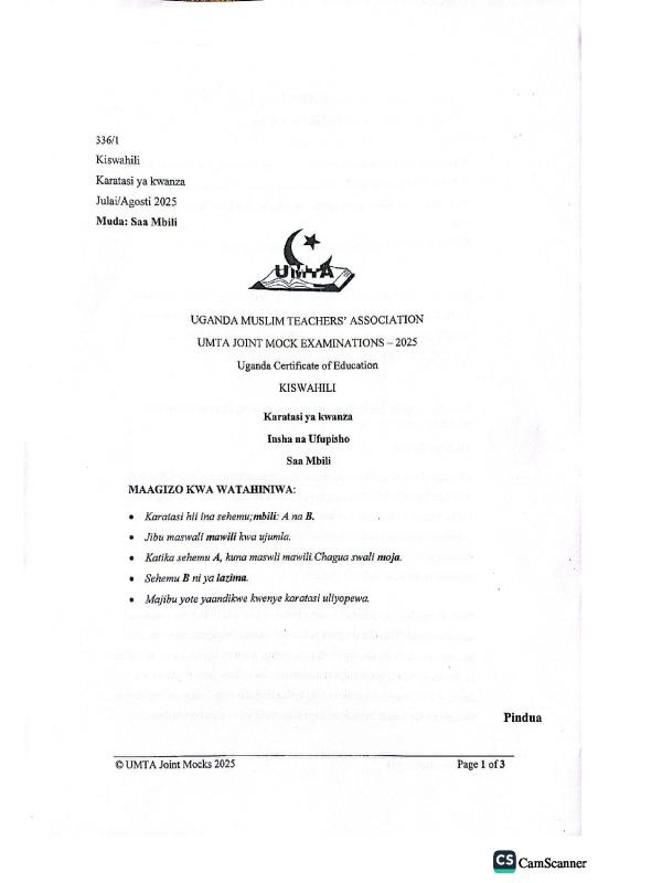 UMTA Kiswahili Paper 1 2025