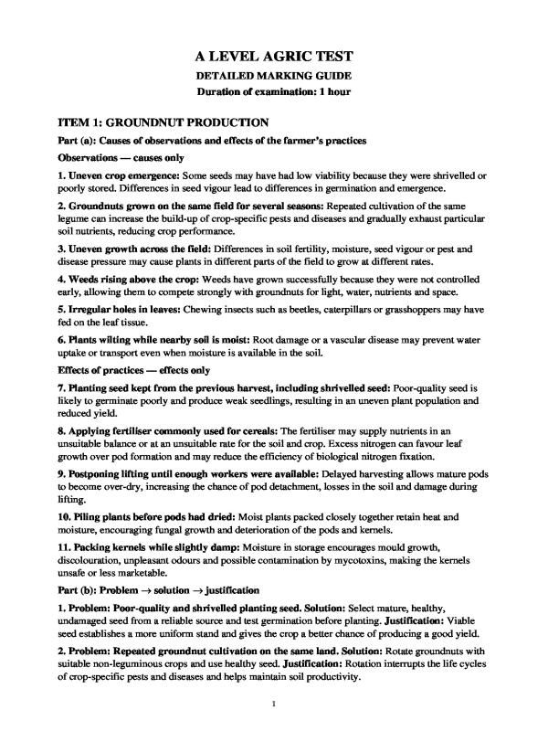 Crop Production Test 01 Marking Guide