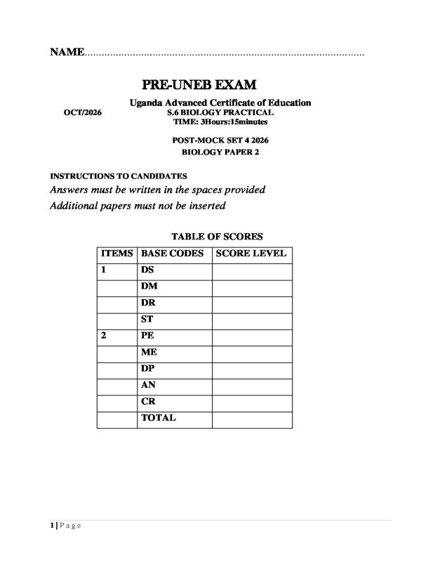 Pre-UNEB Biology Practical Exam 2026